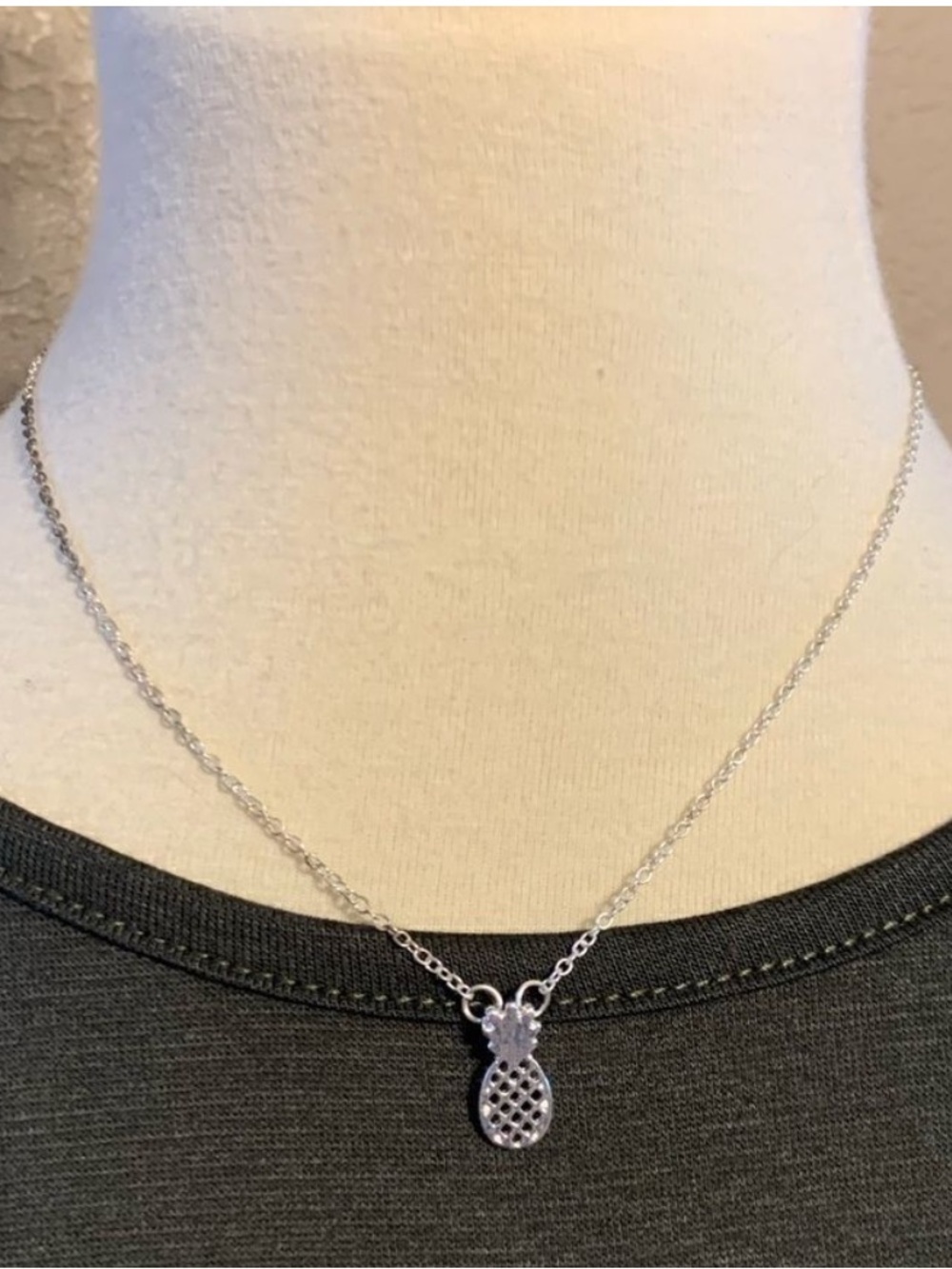 Dainty Silver Tone Pineapple Charm Necklace Choker Length Tropical Minimalist